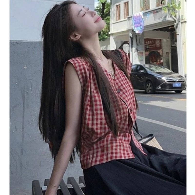 Blusa sin mangas a cuadros roj - Vintage Things Collection reseña y precio